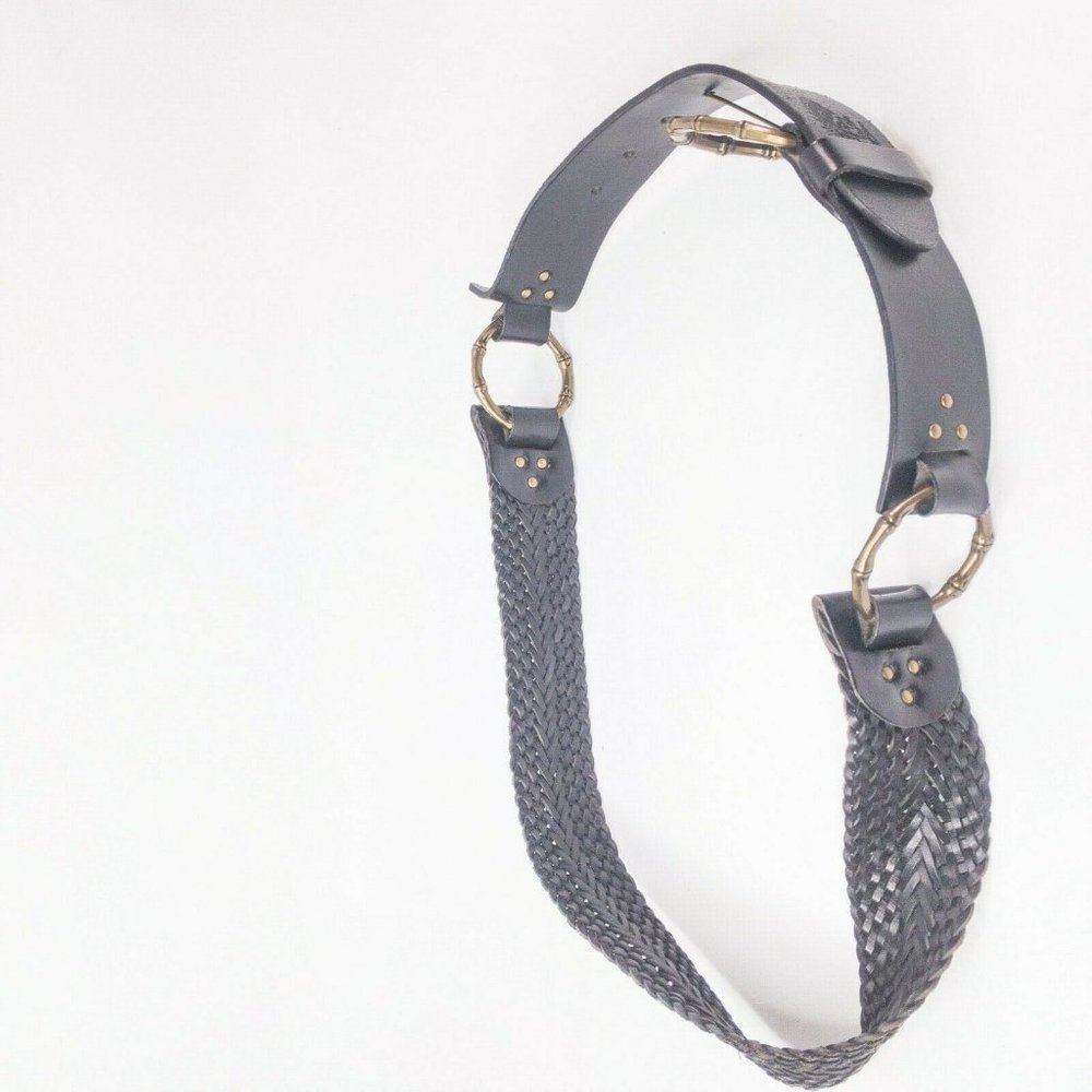 Tommy Bahama Womens Belt Black Medium Large Woven Braided Bohemian O Ring Chain